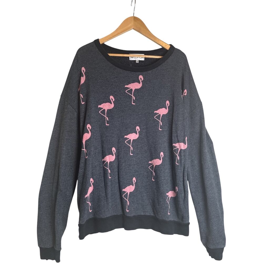 Wildfox Oversized Flamingo Sweatshirt Gray Pink Graphic Pullover Size S - Picture 2 of 7